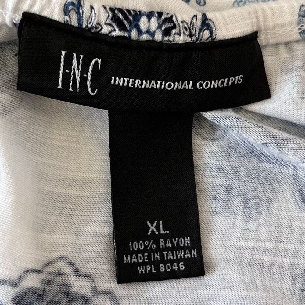 INC International Concepts White Blouse with Blue Medallion Print - Picture 3 of 4